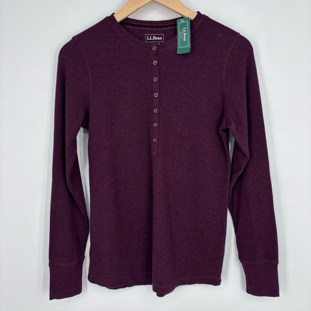 LL Bean Womens Waffle Knit Henley Shirt Size S Deep Port Heather Thermal Fall - Picture 1 of 9